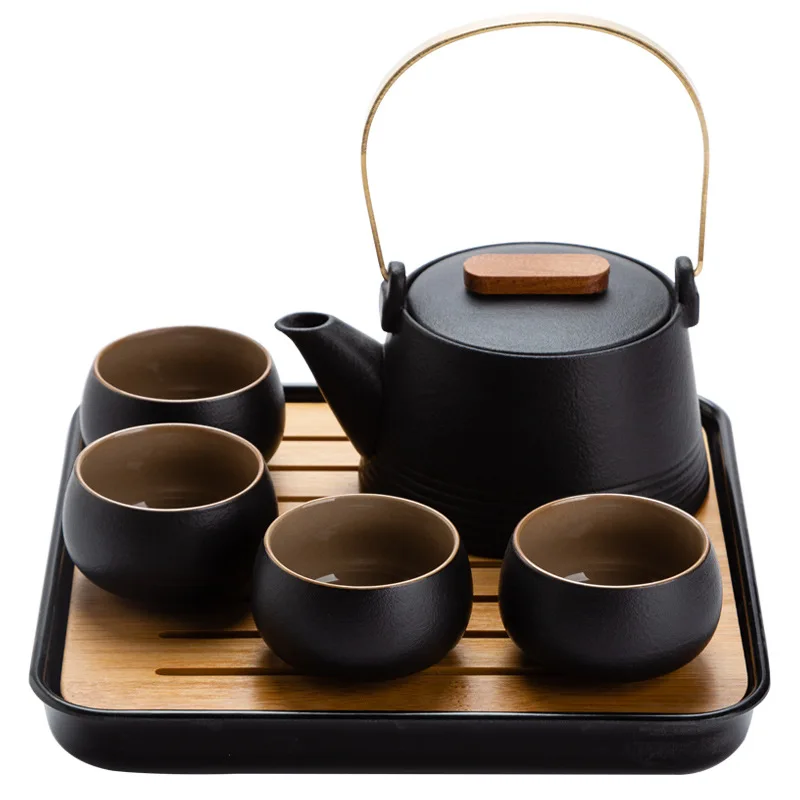 

Japanese Style Black Pottery Beam Teapot Tea Set One Pot Four Cups With Bag Kungfu Home Tea Set Office Travel Teaware Good Gifts