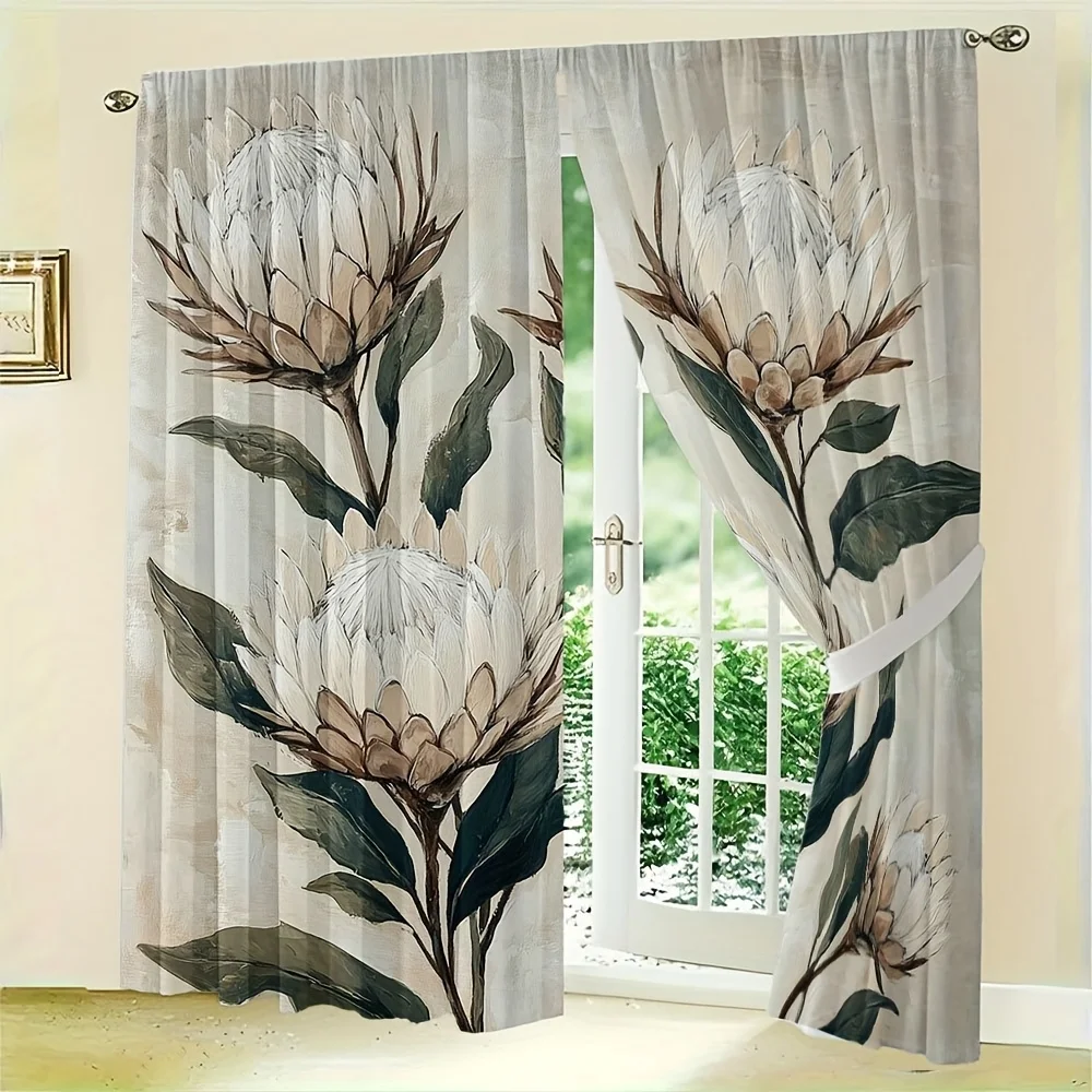 2PC Elegant Botanical Peony Floral Curtains Watercolor Print Window Curtains Panel Decor for Farmhouse Cottage Style Living Room