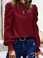 Camisa informal de tela agradable para la piel con cuello alto y manga larga estilo viajero con encanto Retro elegante y mangas abullonadas de satén para mujer
