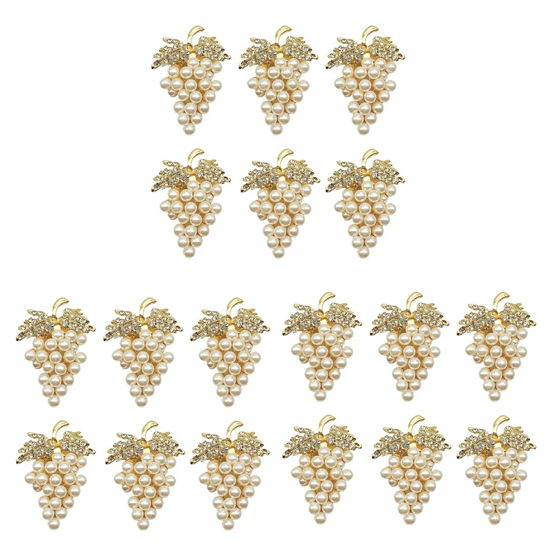 Grapes Napkin Rings Set Of 18, With Glittering Imitation Diamond And Pearls Inlay Alloy Napkin Ring Holder