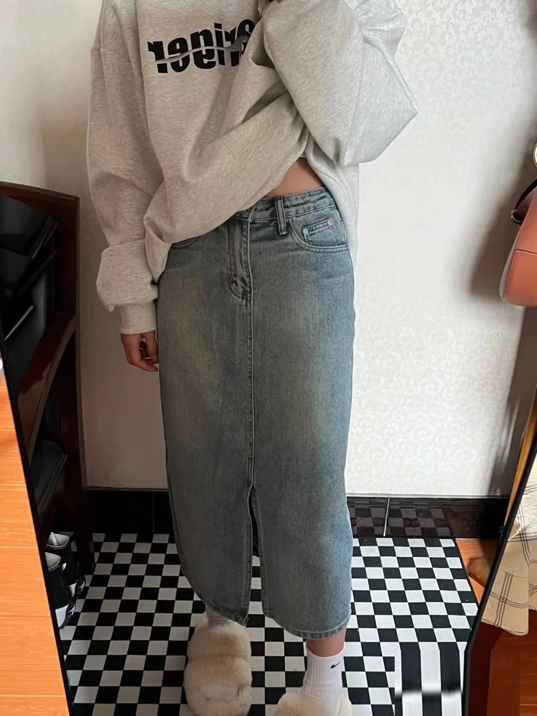 

Slimming High Waist A-Line Skirt for Women with Slit Long Commute Pure Color Autumn Season Denim Skirts Fem Faion
