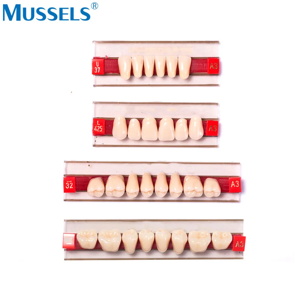 84 uds/3 Juego de dentadura Dental, modelo de dientes de resina sintética acrílica, Material DIY, diente falso superior e inferior, juego completo de sombra A1/A2/A3