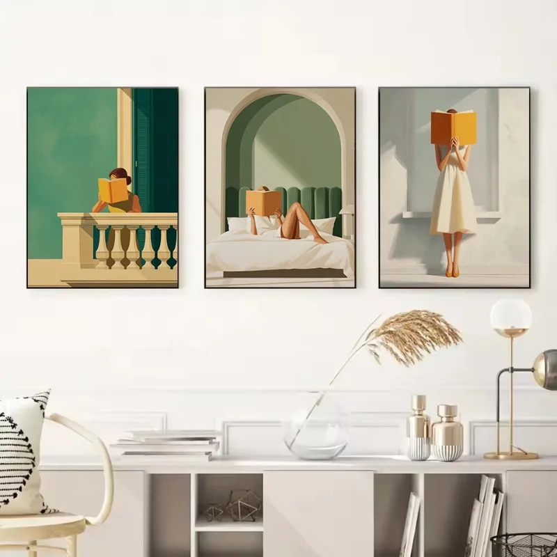 Minimalist Green&White Architecture Woman Bedroom Reading Time Library Poster Canvas Painting Wall Art Pictures Home Decor