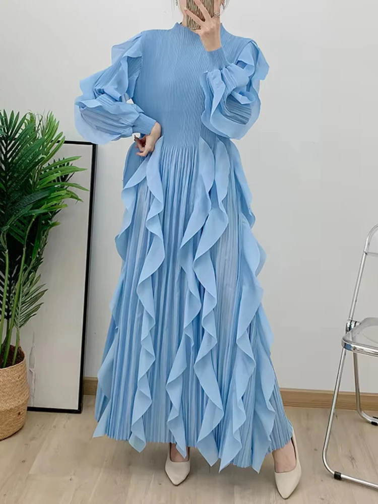 EGRM Fashion Ruffles Pleated Long Dress Women Round Neck Full Sleeves Solid Maxi Belt Dresses Party 2024 Autumn New 2AA1502