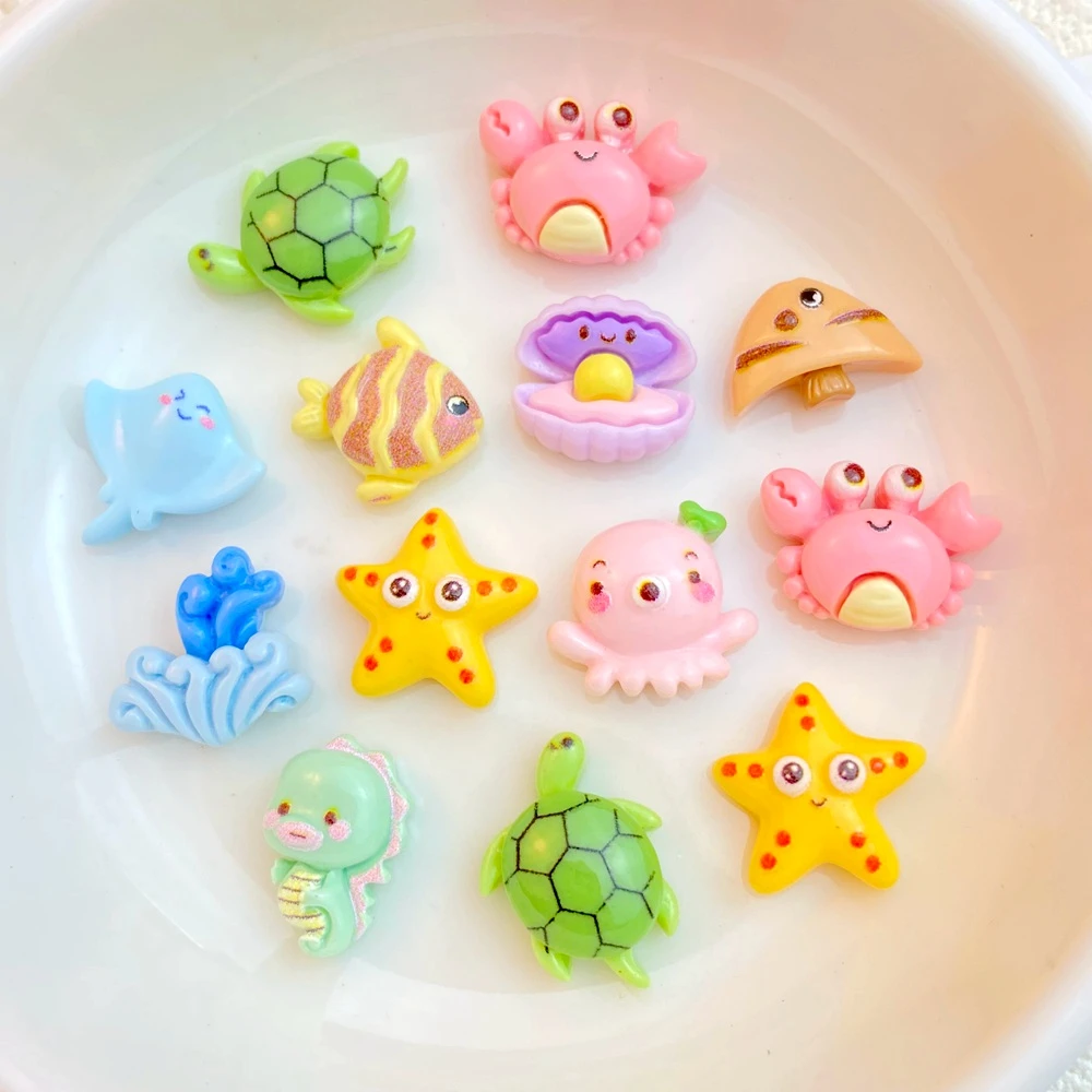 20Pcs New Cute Resin Cartoon Starfish Shell Turtle Crab Series Flat Back Parts Embellishments For Hair Bows Accessories