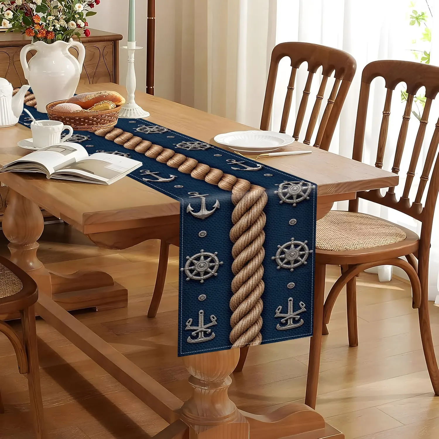 Nautical Table Runner | Deep Blue & Golden Rope + Ship Wheel Anchor | Perfect for Beach Vacation Theme Party Marine Events