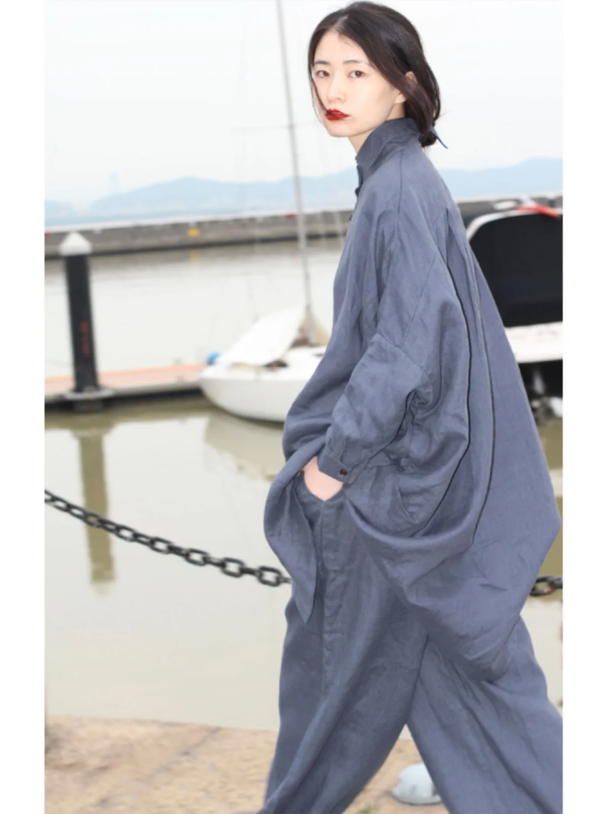 

Блузка SayFir из высококачественного льна, двухцветная, универсальная, с эффектом драпировки, синяя, для повседневной носки, с длинным рукавом