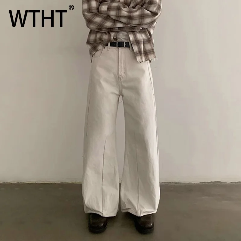 

WTHT Vintage 2025 Summer Men's Solid Color Pleated Denim Pants Fashion American Style High-waisted Loose Jeans Male 2A0657
