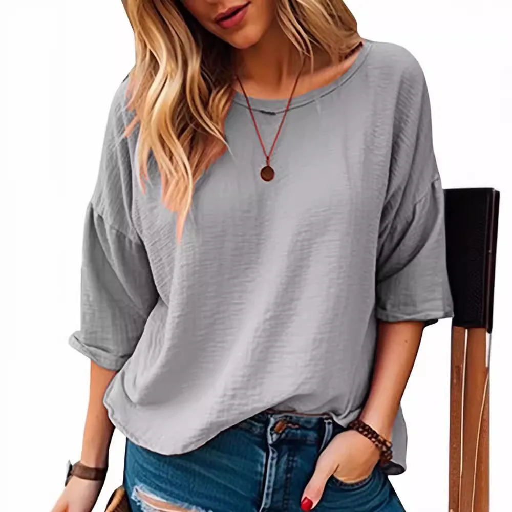 Office Lady Loose Round Neck Pullover Shirt 2024 Autumn New Women's Casual Seven Quarter Sleeve Solid Color Blouse Femme Blusas