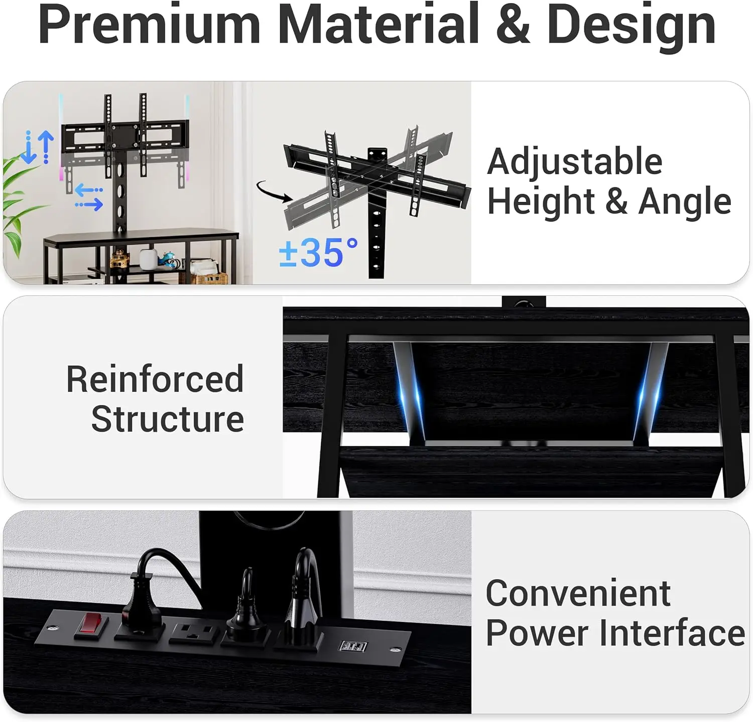 Universal LED TV Mount Stand com LED, Altura Ajustável, Swivel TV Console, Madeira e Aço Entretenimento