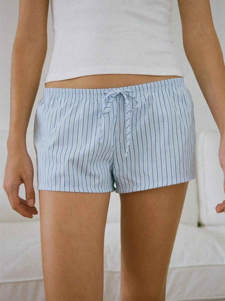 

Прямые шорты в синюю полоску, женские летние короткие брюки на шнуровке с низкой талией, женские винтажные хлопковые милые домашние пижамы, новинка