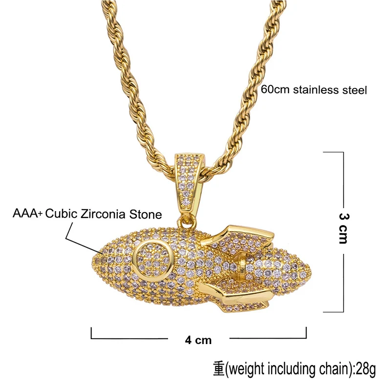 Hip Hop 3A+ CZ Stone Paved Bling Ice Out Rocket Pendants Necklace For Men Rapper Jewelry Gold Silver Color Drop Shipping