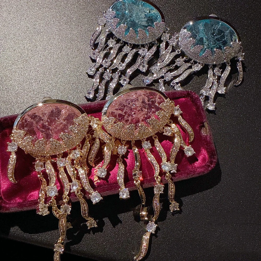 Shiny Jellyfish Shape Tassel Dangle Earrings Zircon Fringe Drop Earrings Emerald Pink Aquamarine Statement Jewelry Gift