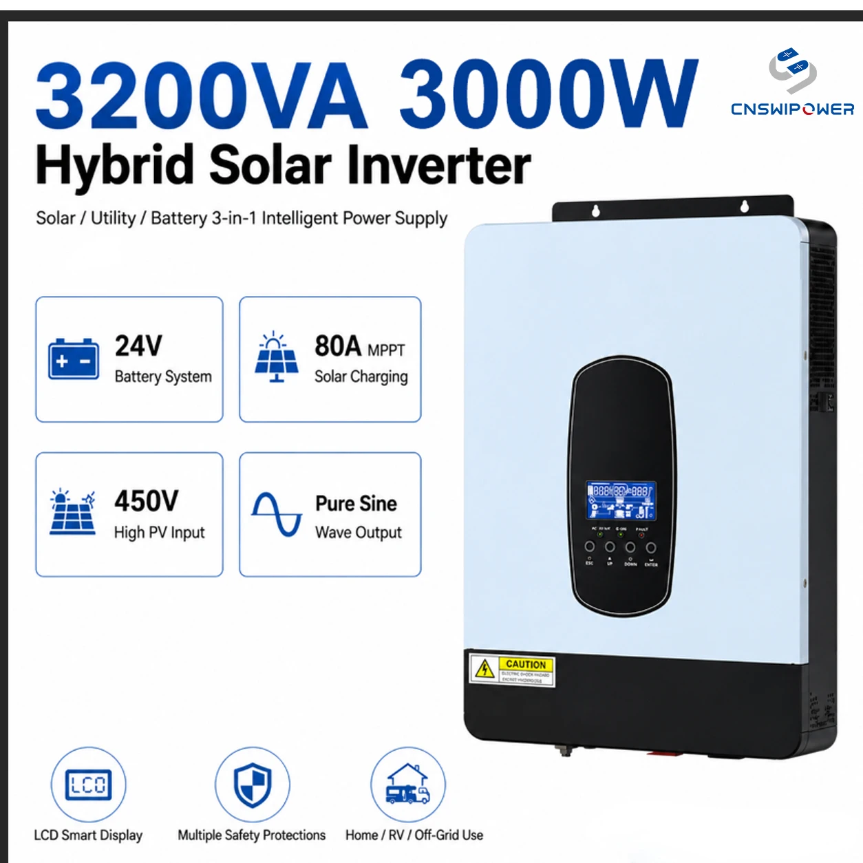 Inverter Ibrido CNSWIPOWER 3200VA 3000W Onda Sinusoidale Pura con Caricatore MPPT 80A da DC24V a AC230V, Convertitore Solare Off-Grid