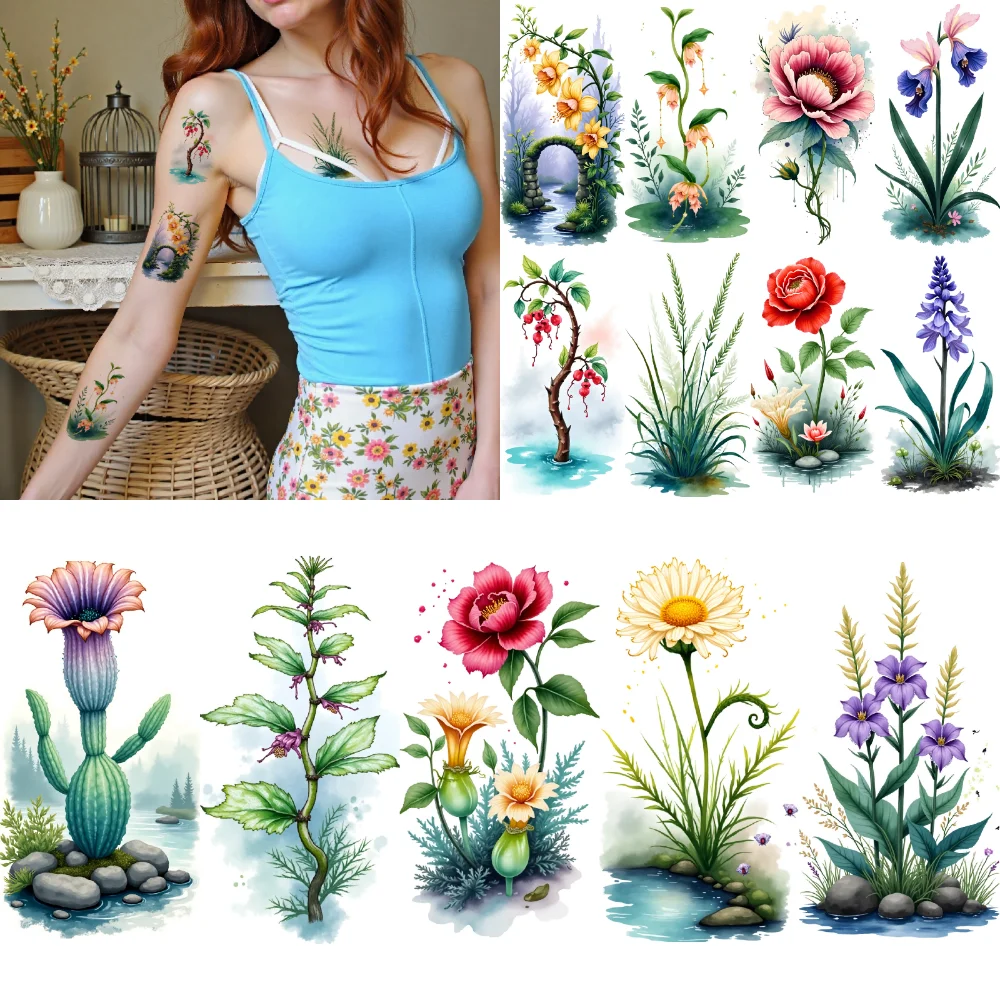 

9pcs Temporary Tattoo Botanical Designs Watercolor Floral Tattoos Temporary Tattoo Stickers For Shoulders Ladies Chest