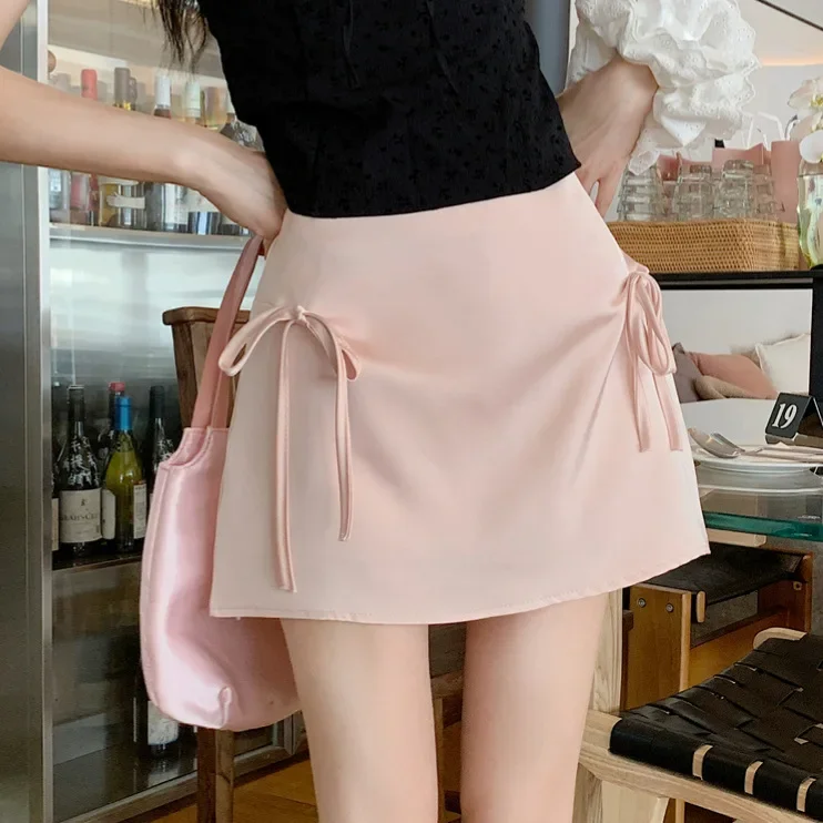 French Pink Bow Skirt High-Waisted A- Line Mini Dress Sensual Niche Sexy Backless Design Women's Summer Clothing