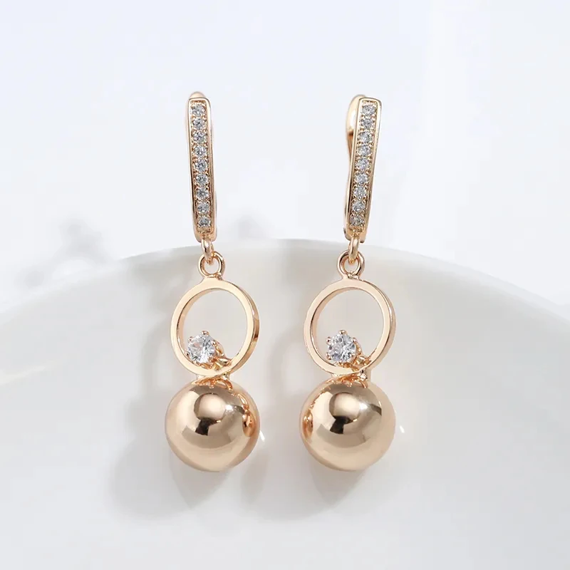 Wbmqda Trendy Metal Ball Pendant 585 Rose Gold Color Fashion Natural Zircon Long Hanging Earrings For Women Luxury Dubai Jewelry