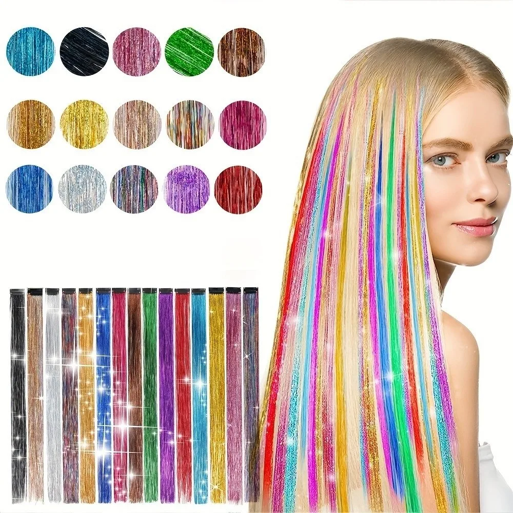 Highlights Clip Clip in Hair Extensions Glitter Colorful Fairy Hair Hair Tinsel Long Straight Synthetic Wig Hairpieces Girls