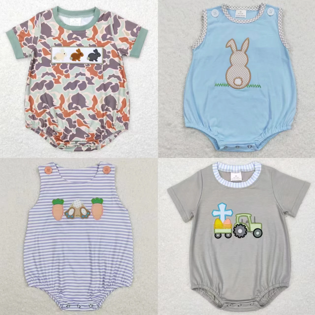 Wholesale Newborn Easter Romper Baby Boy Embroidery Rabbit Eggs Tractor Carrots Clothing Kids Toddler Bubble One-piece