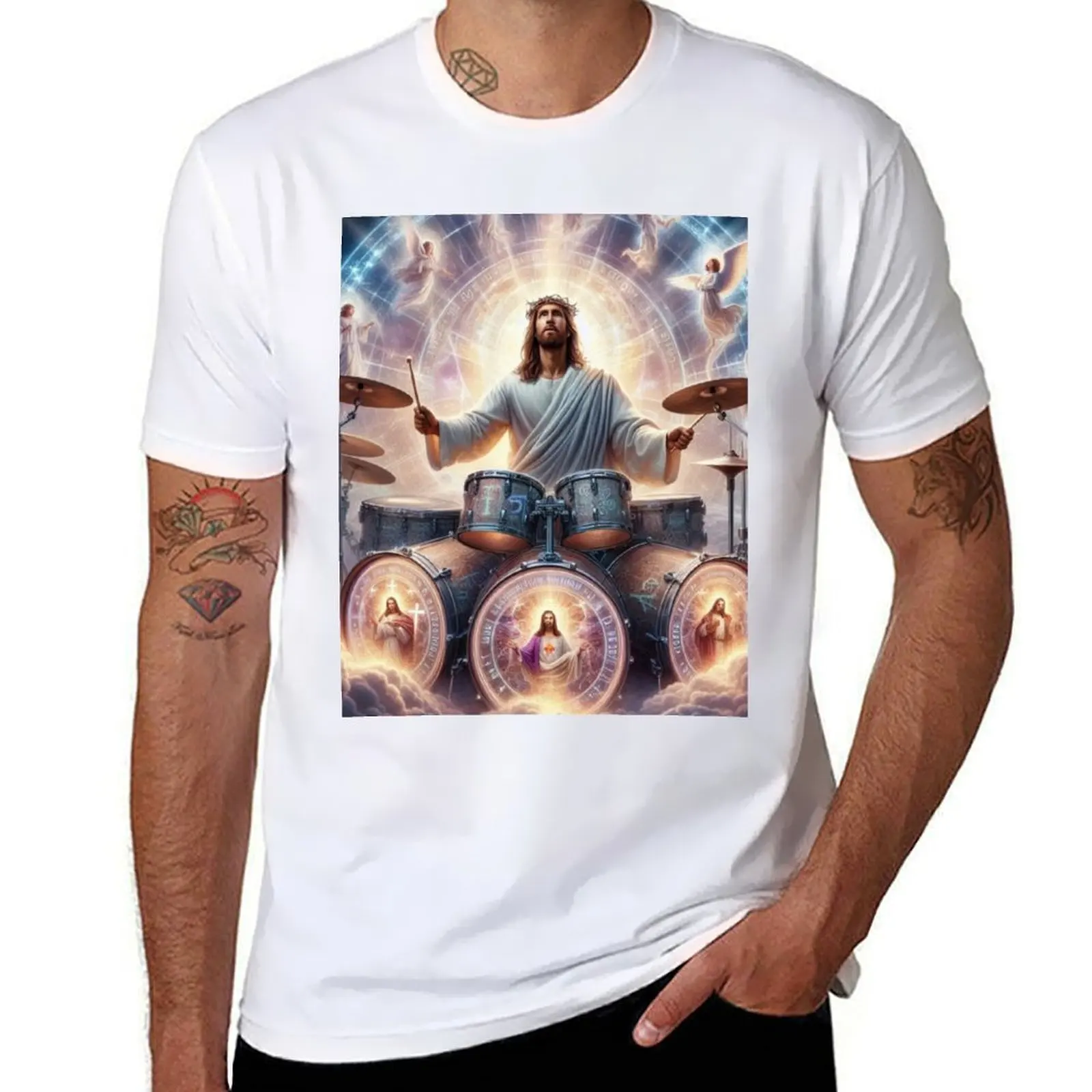 

JESUS DRUMMER : JESUS PLAYING DRUMS T-Shirt graphic t shirts for man funny t shirts cotton T-Shirt