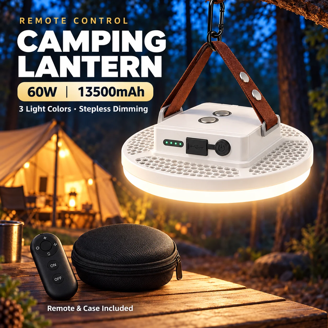 60W 13500mAh Rechargeable LED Camping Lantern Remote Control Magnetic Dimmable Tent Light Power Bank for Fishing Work with Case