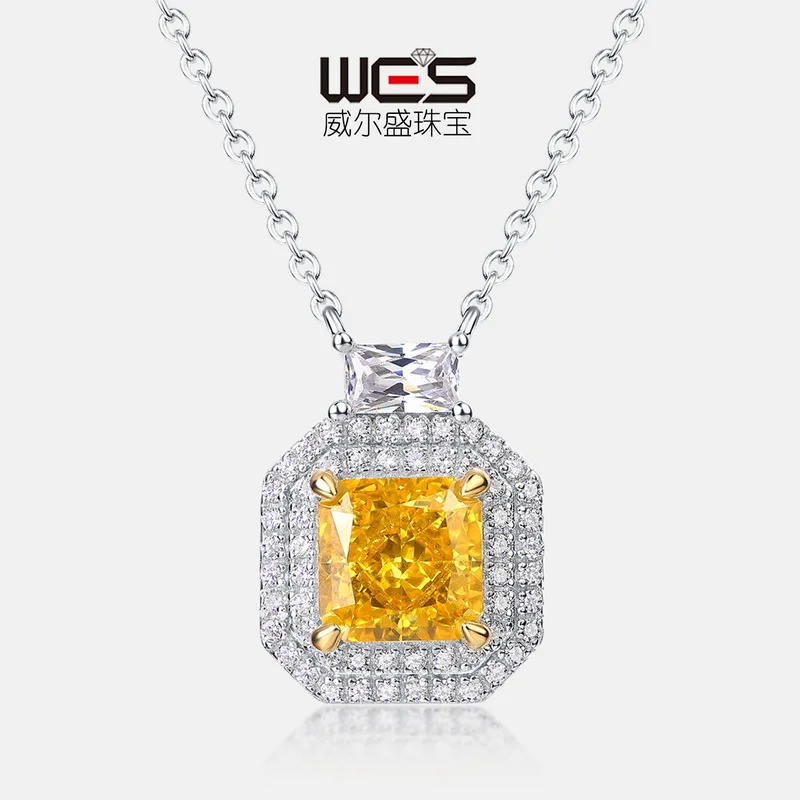 18K Gold Inlaid with Colored Baby Stones PT950 Platinum Ice Flower Cut Moissanite Square Clavicle Chain Yellow Diamond Necklace