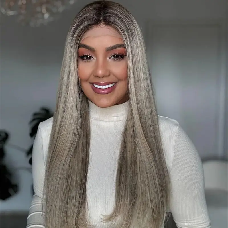 Ombre Platinblond mit braunen Streifen, Lace-Front-Perücke, hochwertige, leimlose, hitzebeständige synthetische Perücke, vorgezupfter Haaransatz