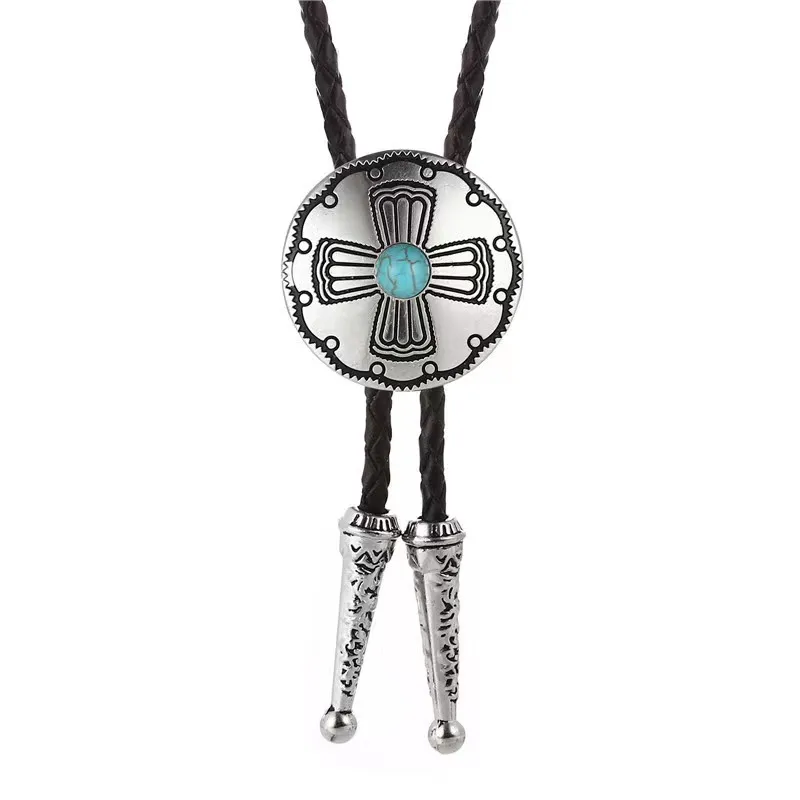 

New long neckline cross turquoise Bolo tie