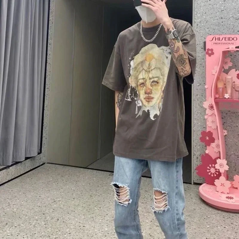 Washed Vintage Portrait Print American Short Sleeve T-Shirt High Street Retro Half Sleeve round Neck Cotton Youth Summer Fashion