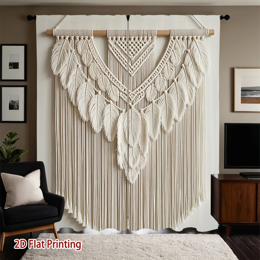 2PCS Digital Printed Curtains, Macrame Woven Feather Tassel Boho Pattern, Bohemian Coastal Style for Bedroom Living Room Decor
