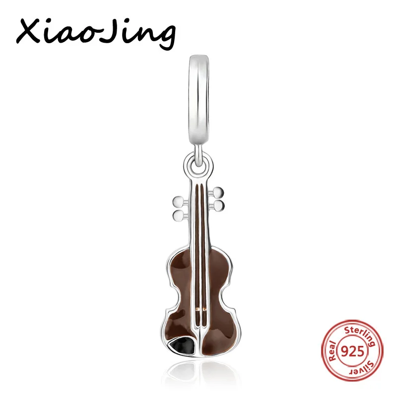 

Xiaojing 925 Sterling Silver Violin Brown Enamel Charm Beads Fit European Bracelet Jewelry Making for Women Gifts Free Shipping