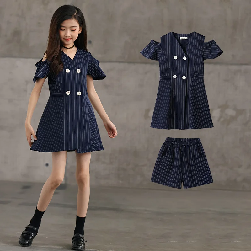 

Teenager Girls Clothing Set Striped 2023 Summer School Uniform Blazer Dresses Shorts Two-piece Children Costume 10 12 13 Years