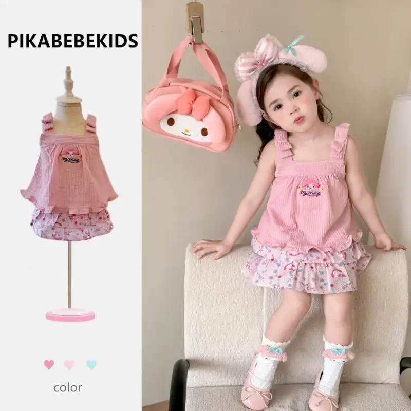 My Melody Cake Skirt Girl Sanrios Child Suit Cartoon Summer New Kawaii Cartoon Child Sling Jacket Short Skirt Two-Piece Set