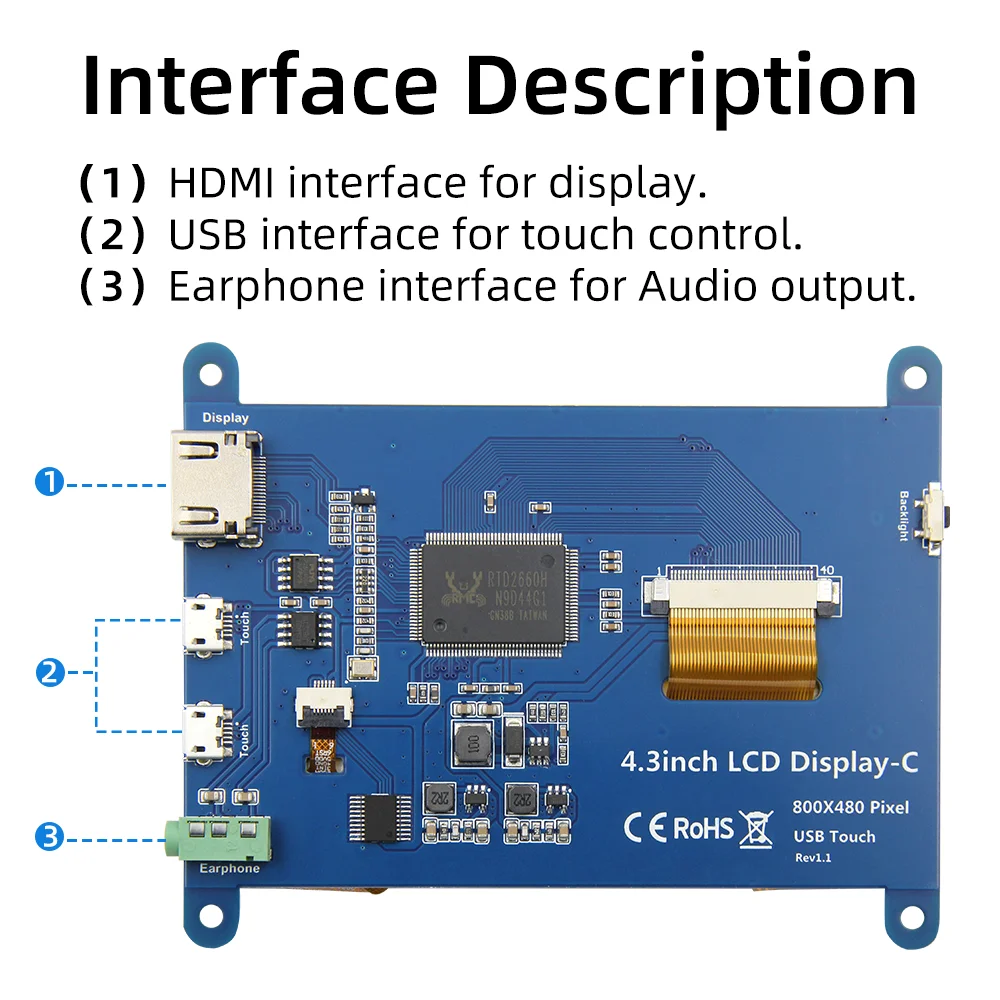 4,3-дюймовый ЖК-дисплей HDMI емкостный сенсорный экран 800 × 480 для Raspberry Pi 5 4B 3B 3B 2B B+ B 3A+ A+ Zero W Zero