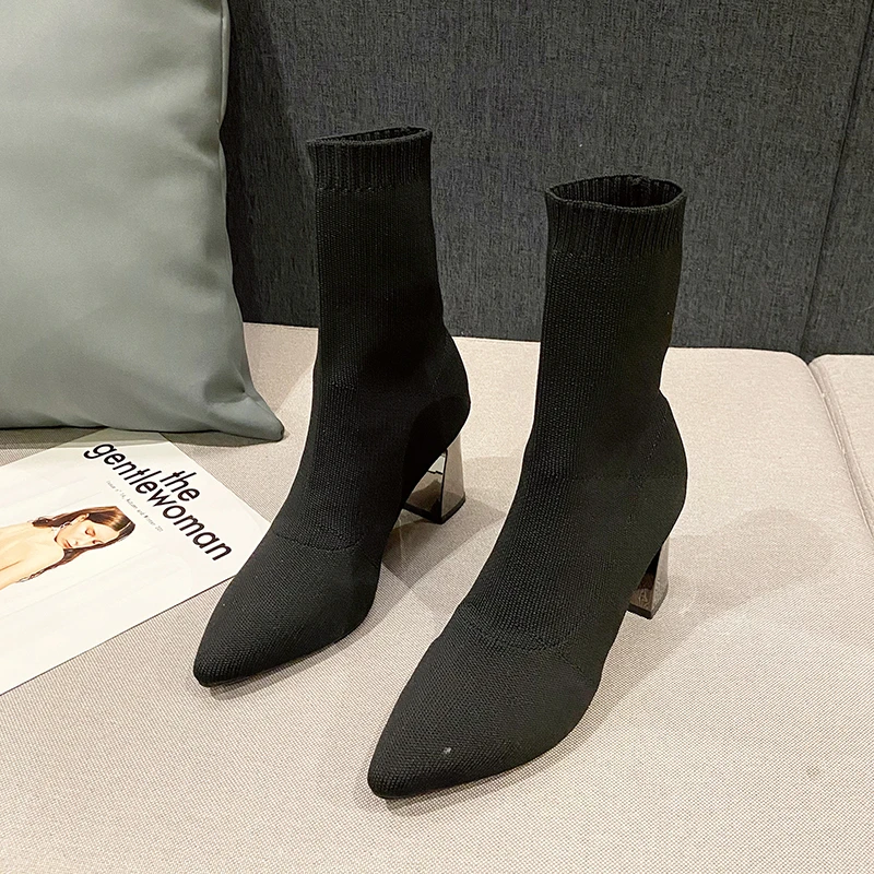 Moda malha elástica apontou grossas botas calcanhar