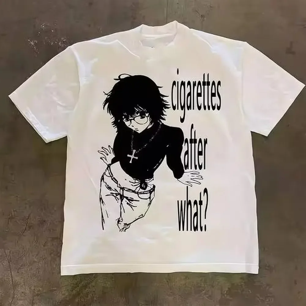 Vintage Grunge Anime Girl Graphic Tee Black White Sketch Cross Chain Cigarettes After What Print White Oversized Streetwear Cotton T Shirt