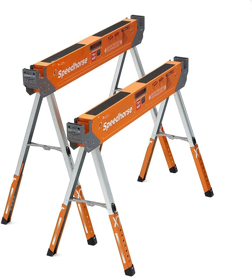 Portamate Speedhorse XT Sawhorse Pair- Two pack, 30-36 inch height adjustable Legs, Metal Top for 2x4, Heavy Duty Pro Bench