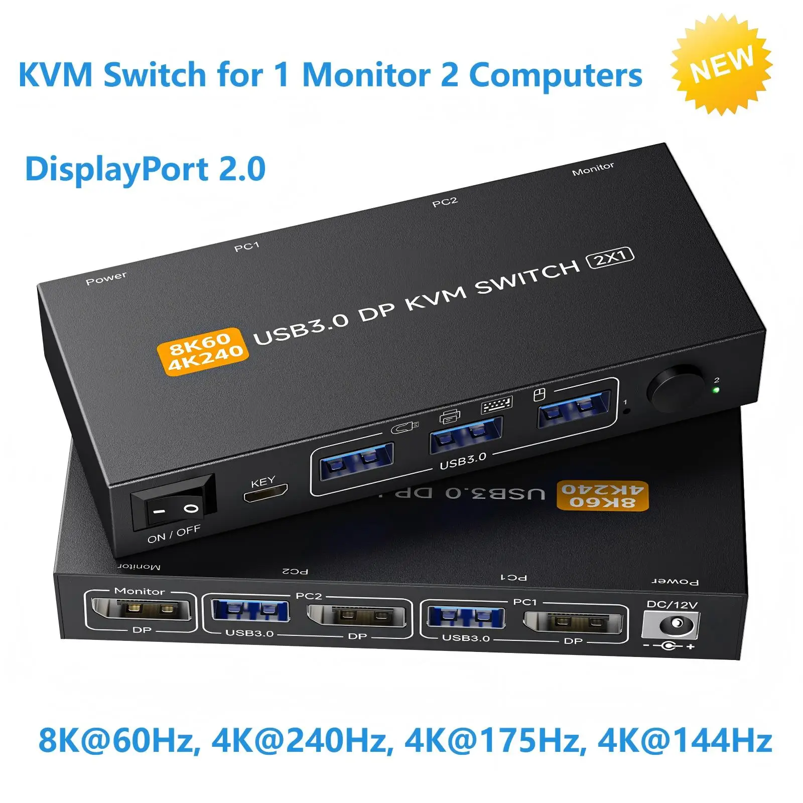 

2025 8K DP KVM Switch for 1 Monitor 2 Computers, DisplayPort 2.0 Share 3/4 USB 3.0 Devices Hub,Support 8K@60Hz,4K@240Hz,4K@144Hz