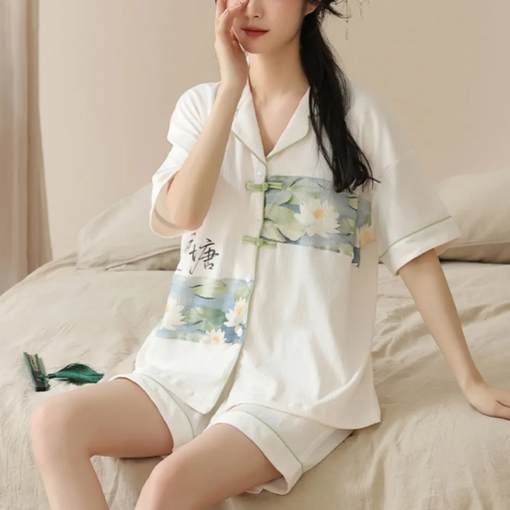 Vintage Women's Pajama Sets Summer Skin-friendly Temperament Slouchy Chinese Style Single Breasted Hipster Loose Floral Design