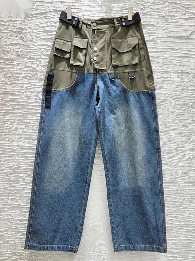 

High Street Patchwork Large Pocket Splicing Wide Work Straight Leg Jeans Long Trouser For Women 2024 Spring Autumn X862