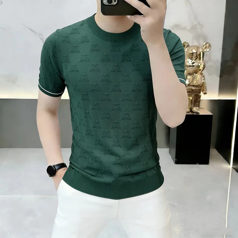 Breathable Stretchy Knitwear T Shirt For Men Short Sleeved Casual Summer High-Quality Viscose Blend Jacquard Camisetas De Hombre