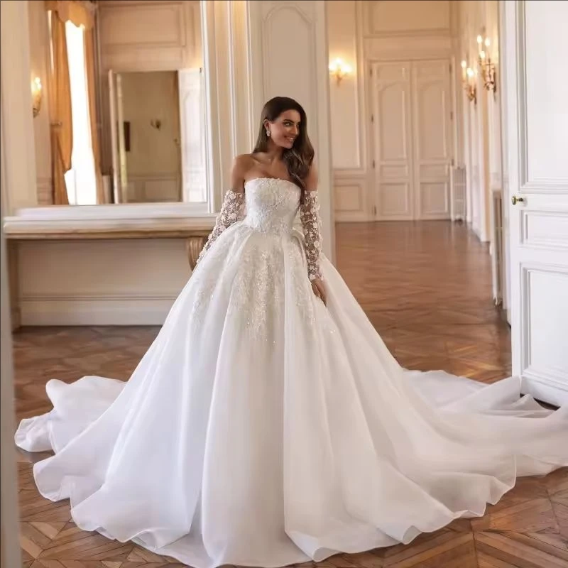 فستان زفاف أنيق مخصص بدون حمالات فستان منتفخ رسمي بأكمام طويلة estidos de novia amanda novias amanda novias #1