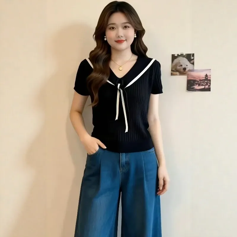 Women's Navy Collar Knitted Top 2026 Summer Short Sleeve V-Neck Shirt Casual Personalized Slim Fit Pullover for Spring Summer