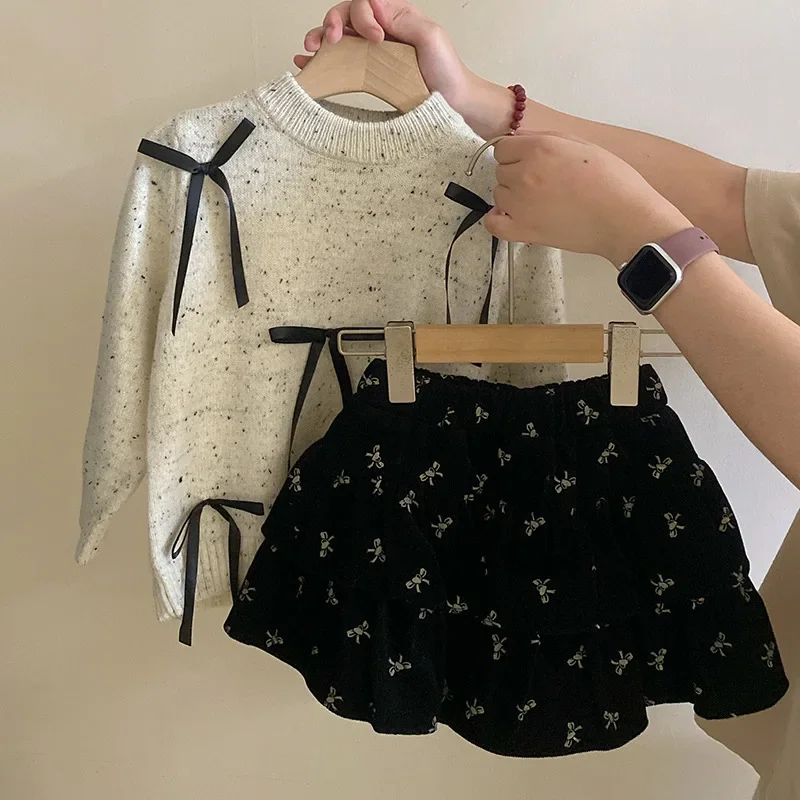 Girls Suit 2024 Autumn New Childrens Clothing Korean Style Girls Baby Foreign Style Bow Knit Sweater Cake Skirt Two-piece Set