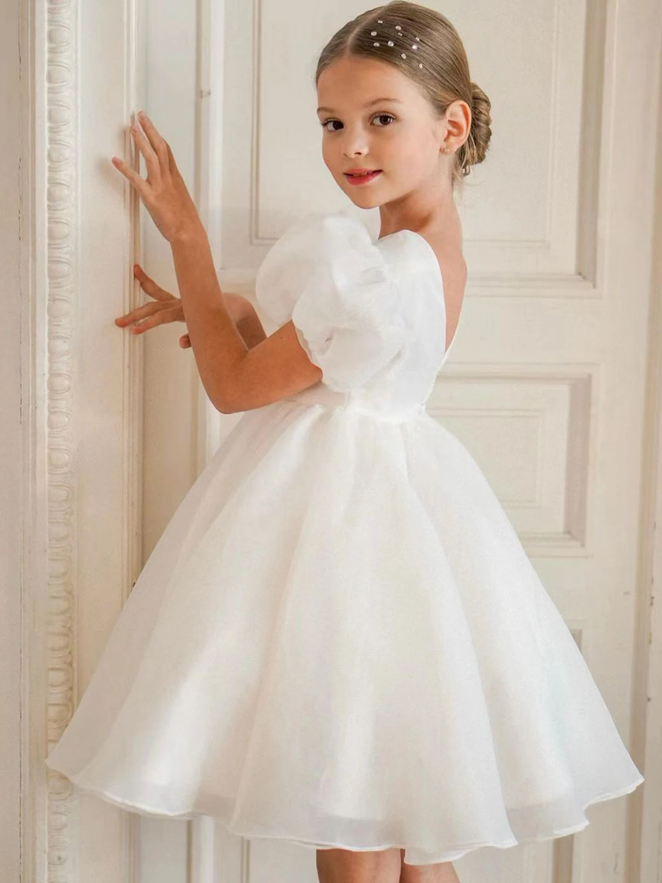 White Wedding Flower Girl Dress Sparkling Bead Cake Dress Black Girl Birthday Party Dress Beauty Pageant Piano Dress