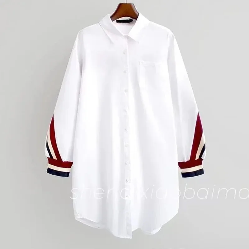 Oversized Striped Print Women White Shirts Spring Autumn New Fake 2 Piece Korean Fashion Loose Slim Long Sleeve Shawl Blouse Top