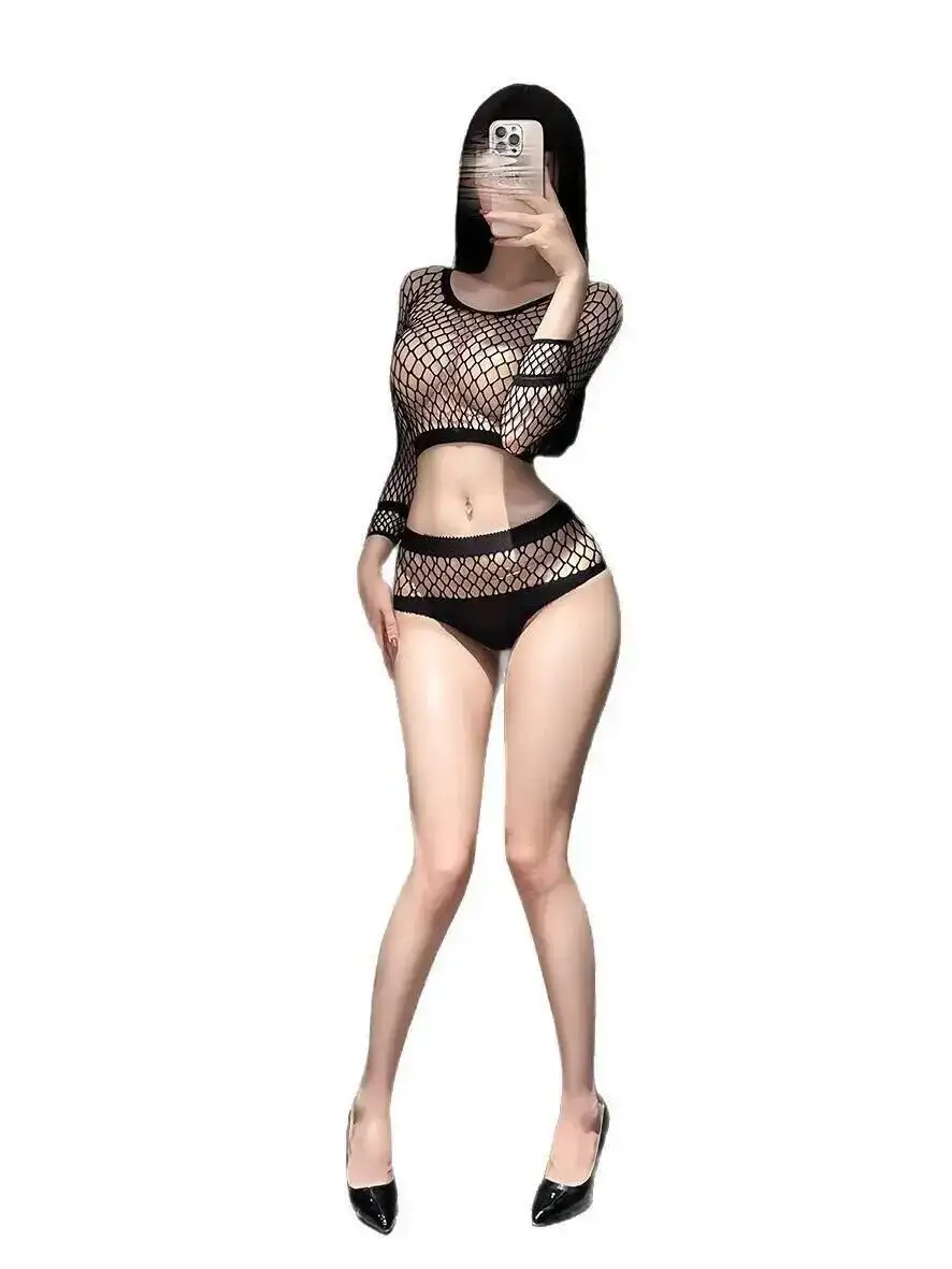 

New Nightclub Wear Shorts Sets Sexy Hollow Out Sexy Transparent Mesh Set Long Sleeve Flirting Mesh Fishing Net Shorts Sets 2LDC