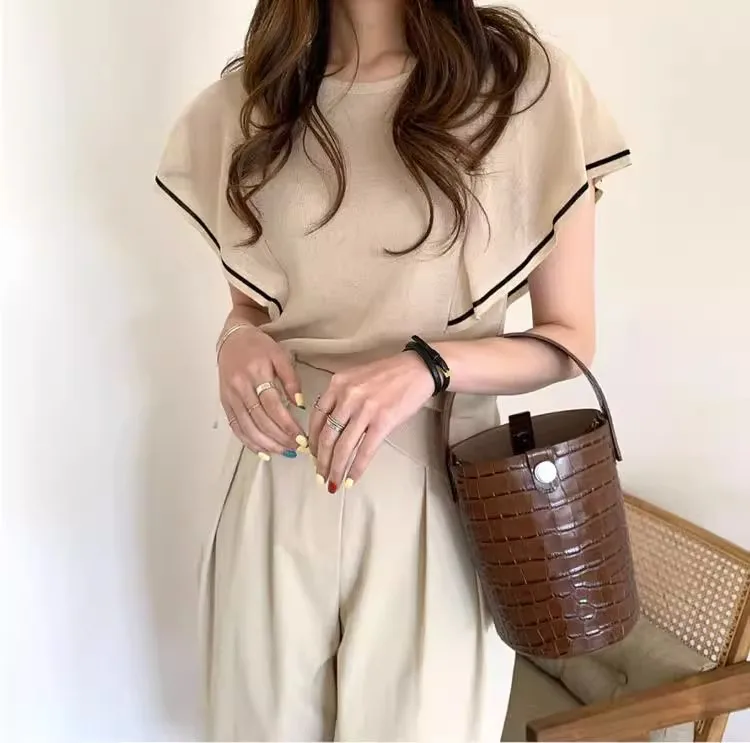 

Chic Summer Fre Color Blo Lace Sve round Ne Ice Silk Knitted T irt Women's Loose Fit ort Sve Casual Top