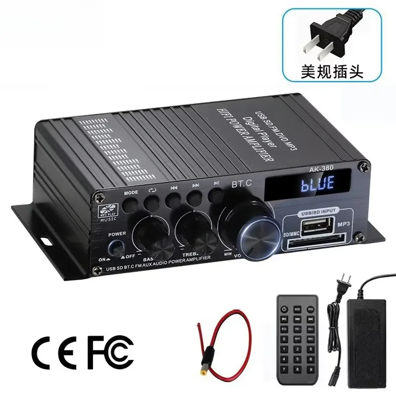 AK380 Digital Power Amplifier 12V Small Bluetooth Professional 2.0 Channel Car Power Amplifier Home