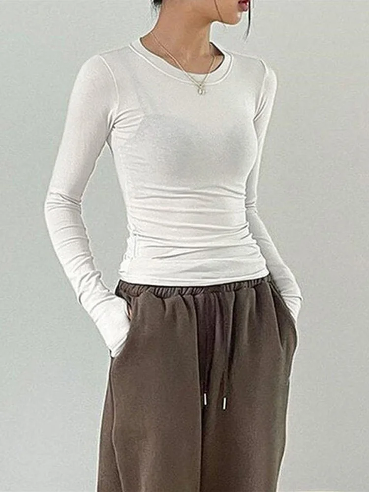 Women Casual Slim Fit Long Sleeve O-Neck T-shirts Tops Spring Fall Solid Color Tees with Thumb Holes Streetwear